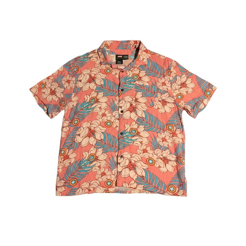 Marvel Captain America Floral Tropical Button Down Shirt Mens XL Coral Pink Blue